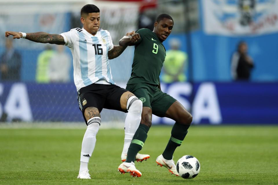 Marcos Rojo of Argentina, Odion Ighalo of Nigeria during the 2018 FIFA World Cup Russia group D match between Nigeria and Argentina at the Saint Petersburg Stadium on June 26, 2018 in Saint Petersburg, Russia(Getty Images)