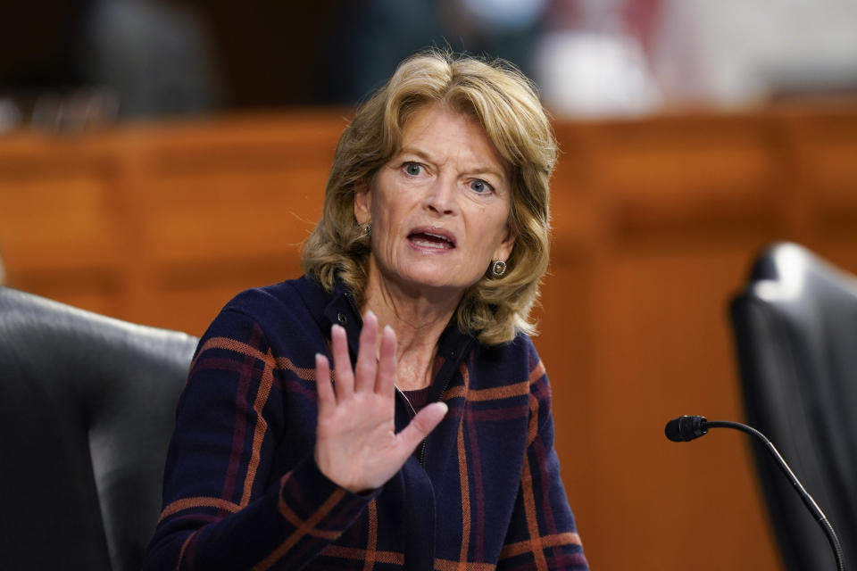 Sen. Lisa Murkowski, R-Alaska, speaks during a Senate Health, Education, Labor and Pensions Committee hearing on the federal coronavirus response on Capitol Hill in Washington, Thursday, March 18, 2021. (AP Photo/Susan Walsh, Pool)