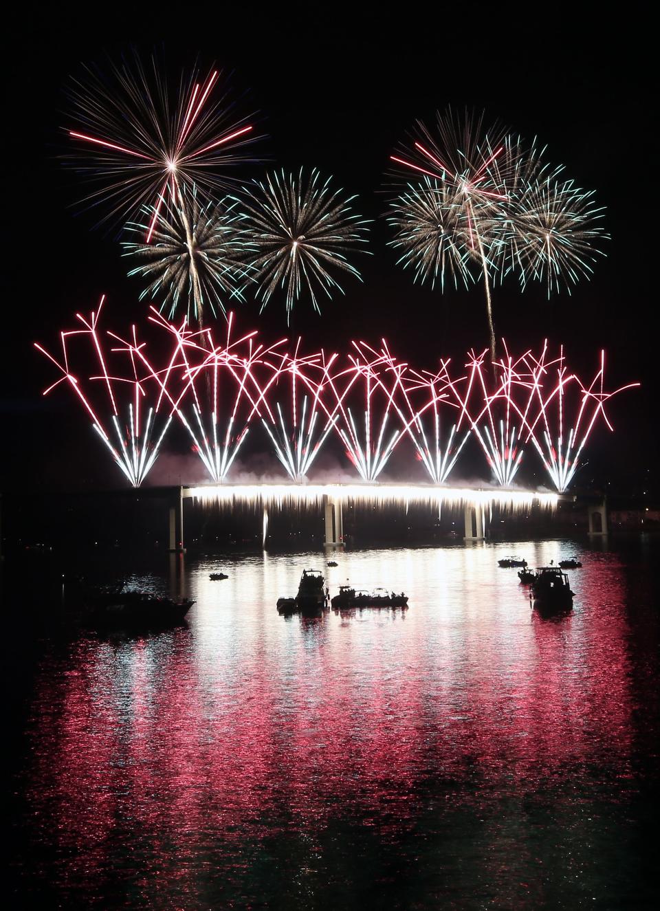 Fireworks from the Manette Bridge light up the sky during the Bremerton Bridge Blast on Saturday, June 30, 2018.