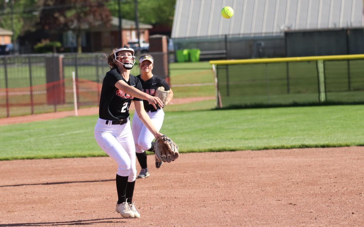 Tierra Ronayne of Milan throws to first base during a game against Flat Rock on Wednesday, May 8, 2024.