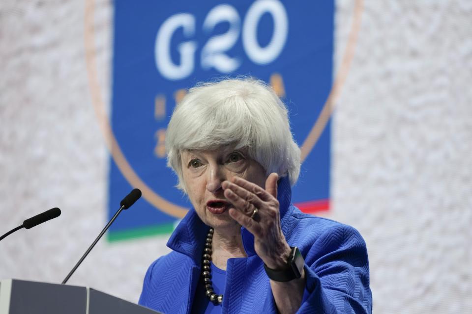 United States Secretary of the treasury Janet Yellen speaks during a press conference at a G20 Economy, Finance ministers and Central bank governors' meeting in Venice, Italy, Sunday, July 11, 2021. (AP Photo/Luca Bruno)