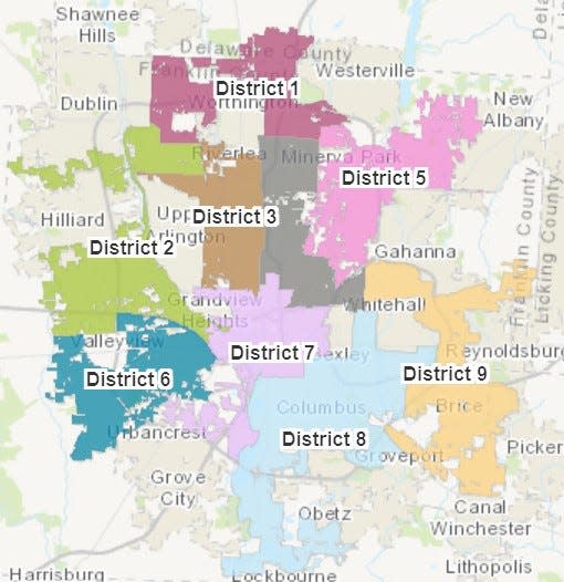 Beginning with the Nov. 7 general election, Columbus City Council will expand from seven to nine members, with one member who resides in each district chosen at-large by all city voters. Here is a map of the districts.