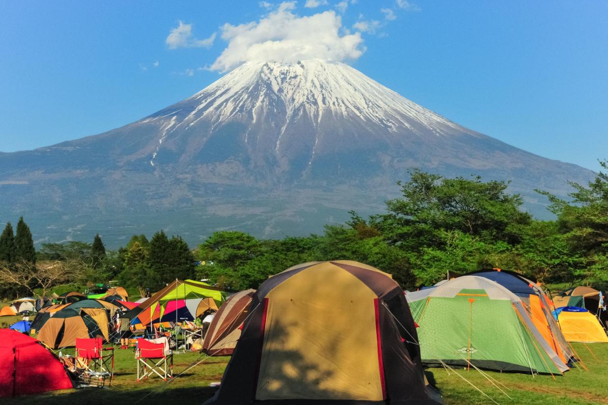 Camp in Lake Tanukiko with prime view of Mount Fuji, Japan