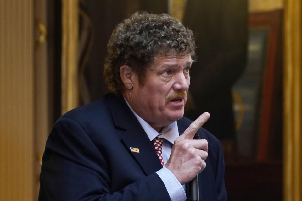 FILE - Virginia Del Matt Fariss, R-Appomattox, gestures during the House session at the state Capitol, Jan. 31, 2022, in Richmond, Va. (AP Photo/Steve Helber, File)