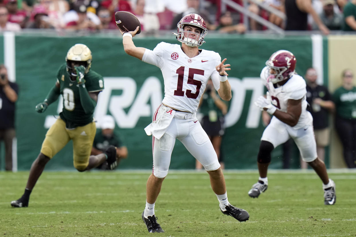 Alabama quarterback Ty Simpson (15) entered the game partway through Saturday against South Florida. He did just enough to get the Crimson Tide win. (AP Photo/Chris O'Meara)