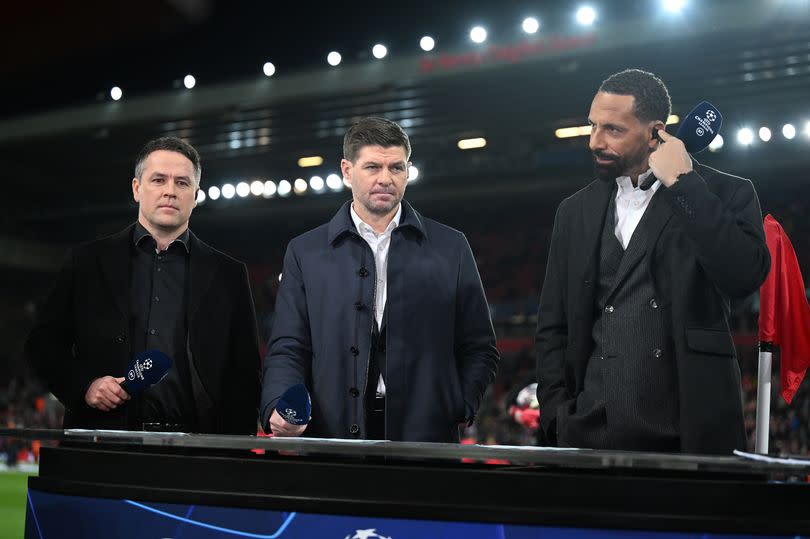 Ex Liverpool Players Steven Gerrard and Michael Owen with  the UEFA Champions League round of 16 leg one match between Liverpool FC and Real Madrid at Anfield on February 21, 2023 in Liverpool, England.