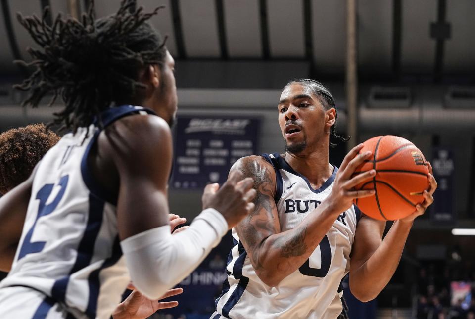 Butler Bulldogs forward D.J. Hughes (0) prepares to pass the ball Tuesday, Nov. 1, 2022, at Hinkle Fieldhouse in Indianapolis. The Butler Bulldogs defeat the Davenport Panthers, 91-55, in the preseason scrimmage. 