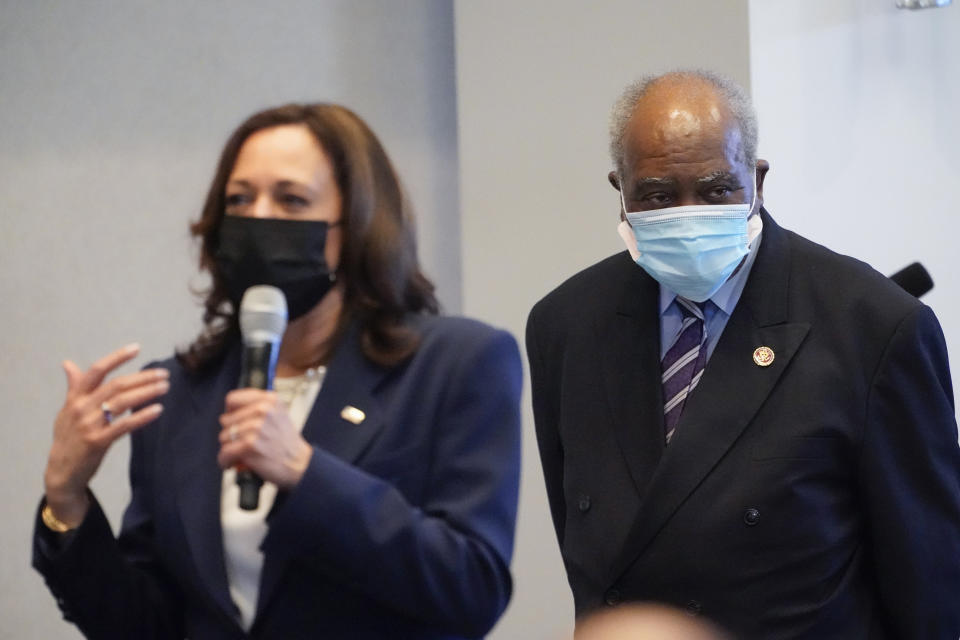 Vice President Kamala Harris speaks during a visit to a COVID-19 vaccination site Tuesday, April 6, 2021, in Chicago, as Rep. Danny Davis, D-Ill., listens. The site is a partnership between the City of Chicago and the Chicago Federation of Labor. (AP Photo/Jacquelyn Martin)