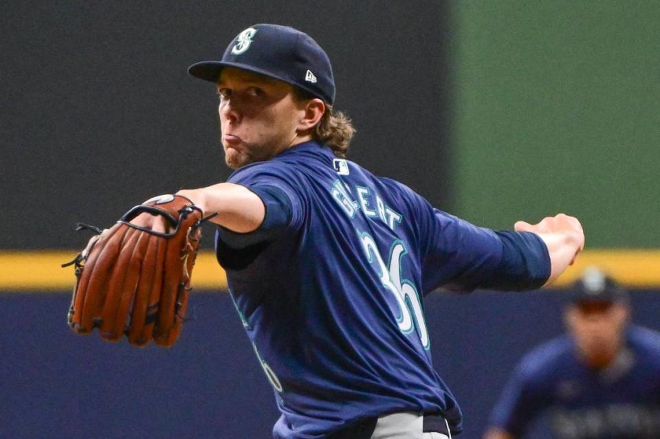 Apr 5, 2024; Milwaukee, Wisconsin, USA; Seattle Mariners pitcher Logan Gilbert (36) throws a pitch in the first inning against the Milwaukee Brewers at American Family Field. Mandatory Credit: Benny Sieu-USA TODAY Sports