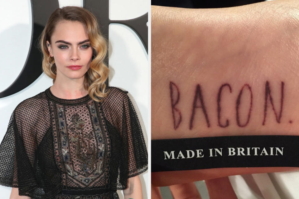 side-by-side of Cara Delevingne and her "Bacon" tattoo