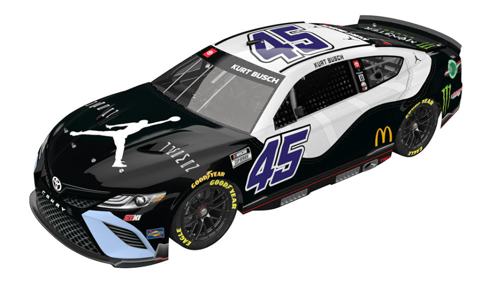 The Air Jordan 11 “Concord”-inspired Toyota Camry for NASCAR driver Kurt Busch. - Credit: Courtesy of Jordan Brand