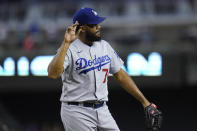 Los Angeles Dodgers relief pitcher Kenley Jansen celebrates the team's 3-0 win over the Arizona Diamondbacks in a baseball game Friday, June 18, 2021, in Phoenix. (AP Photo/Ross D. Franklin)