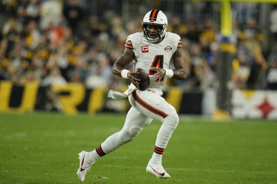 Cleveland Browns quarterback Deshaun Watson runs during the first half of an NFL football game against the Cleveland Browns Monday, Sept. 18, 2023, in Pittsburgh. (AP Photo/Gene J. Puskar)