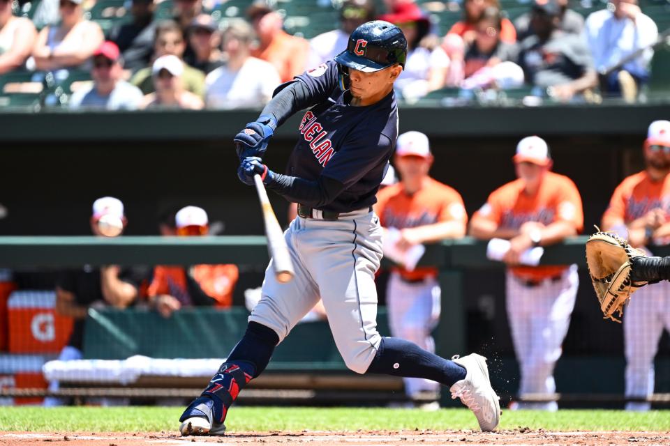 Cleveland Guardians' Andres Gimenez hits a three-run home run against Baltimore Orioles starting pitcher Dean Kremer during the first inning of a baseball game, Sunday, June 5, 2022, in Baltimore. (AP Photo/Terrance Williams)