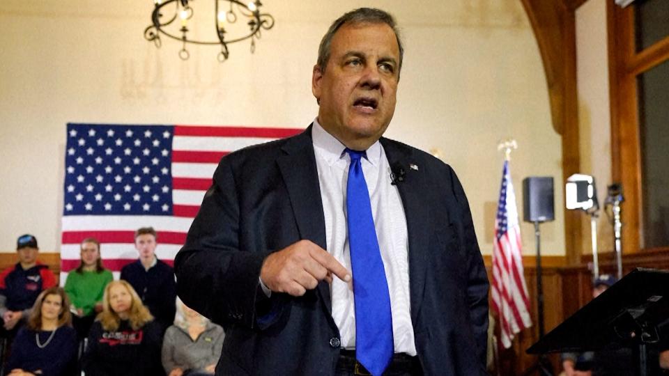 STILL of former New Jersey Gov. Chris Christie at a town hall campaign event where he announced he is dropping out of the race