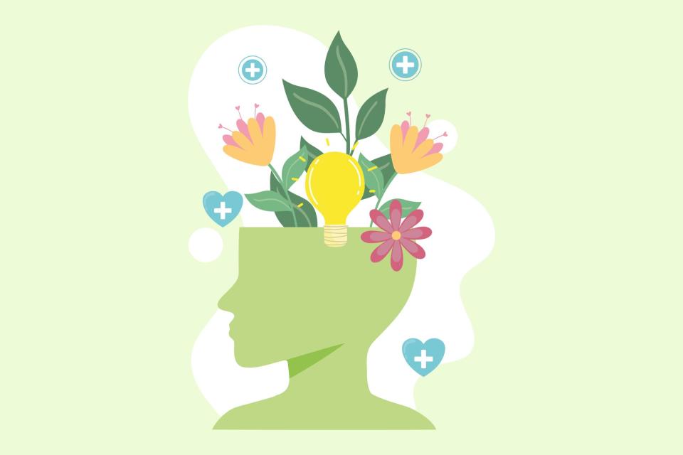 an illustration of a head with flowers and a light bulb coming out of it