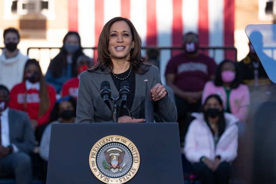 Vice President Kamala Harris will begin a college tour this month in an effort to mobilize students before the 2024 election, Here, she speaks in January 2022 to a crowd at the Atlanta University Center Consortium, part of both Clark Atlanta University and Morehouse College, a stop on her new tour. (Photo by Megan Varner/Getty Images)