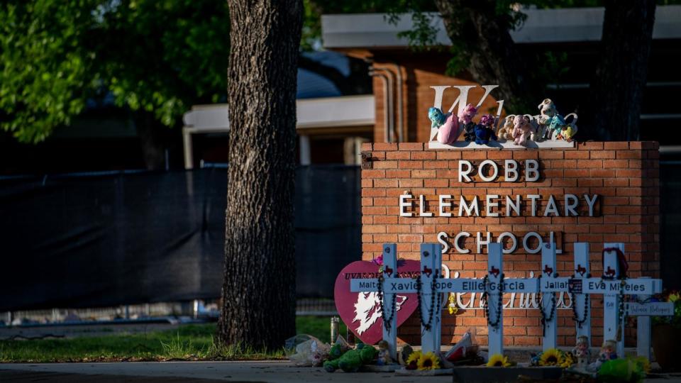 PHOTO: A memorial is dedicated to the victims of mass shooting at Robb Elementary School on April 27, 2023 in Uvalde, Texas.  (Brandon Bell/Getty Images, FILE)