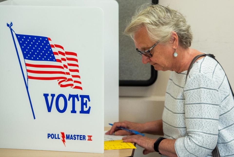 Mary Hayden, of Levittown, fills out her ballot inside the Bucks County Government Services Center, in Bristol Township, during the primary election in Bucks County, on Tuesday, May 16, 2023.
