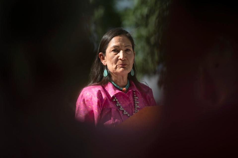 US Interior Secretary Deb Haaland is pictured speaking at a Bureau of Indian Affairs event in New Mexico on 11 June (AP)