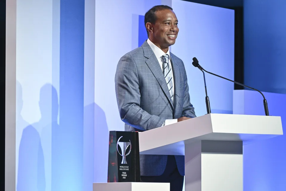 PONTE VEDRA BEACH, FL - MARCH 09:  Tiger Woods speaks after being inducte during the World Golf Hall of Fame Induction Ceremony prior to THE PLAYERS Championship at PGA TOUR Global Home on March 9, 2022, in  Ponte Vedra Beach, FL. (Photo by Ben Jared/PGA TOUR via Getty Images)