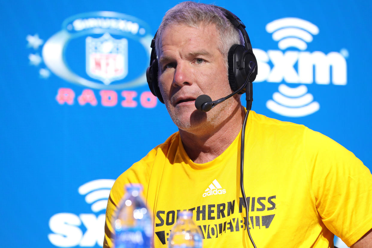 MIAMI, FLORIDA - JANUARY 31: Former NFL player Brett Favre speaks onstage during day 3 of SiriusXM at Super Bowl LIV on January 31, 2020 in Miami, Florida. (Photo by Cindy Ord/Getty Images for SiriusXM )