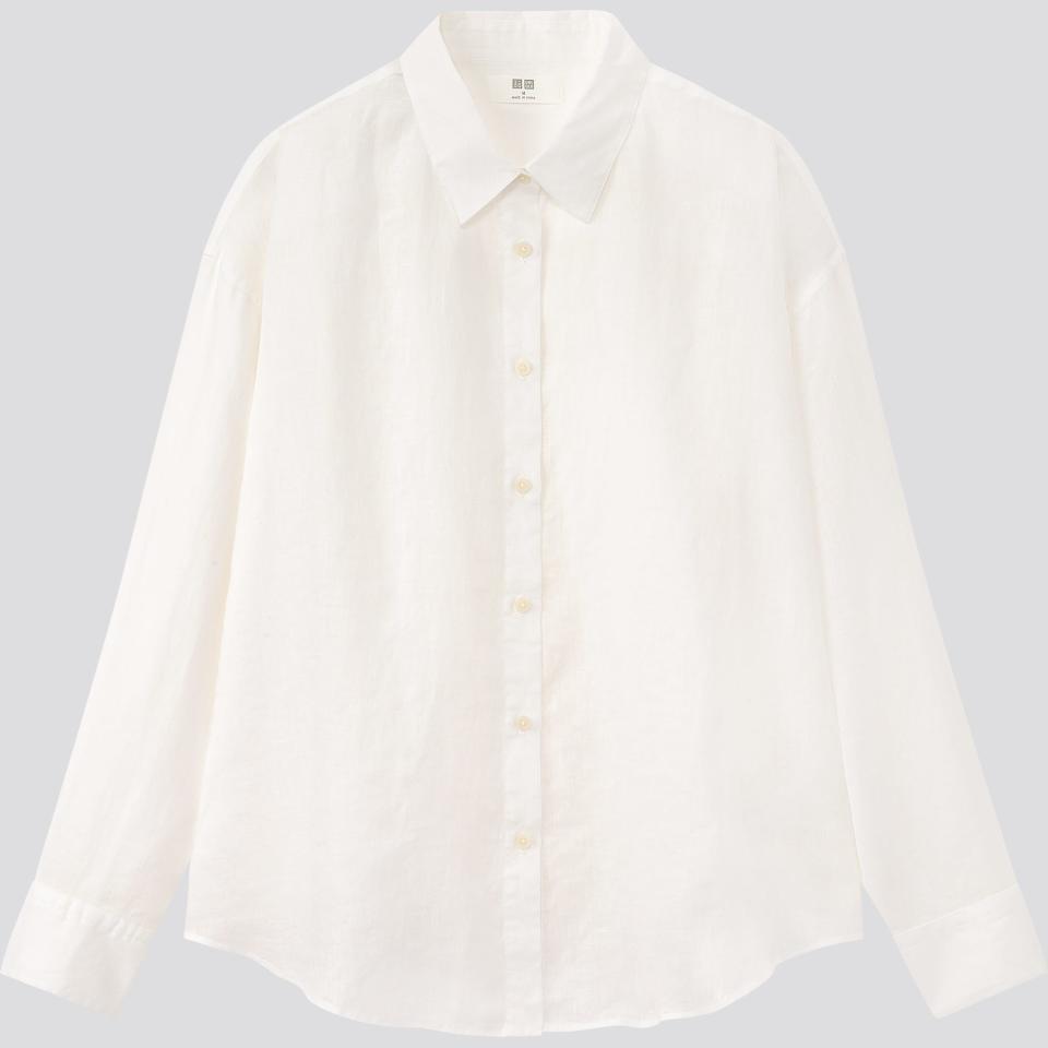 Description: WOMEN PREMIUM LINEN LONG-SLEEVE SHIRT, Color: White, Price: $29.90, Availability: Uniqlo stores and uniqlo.com