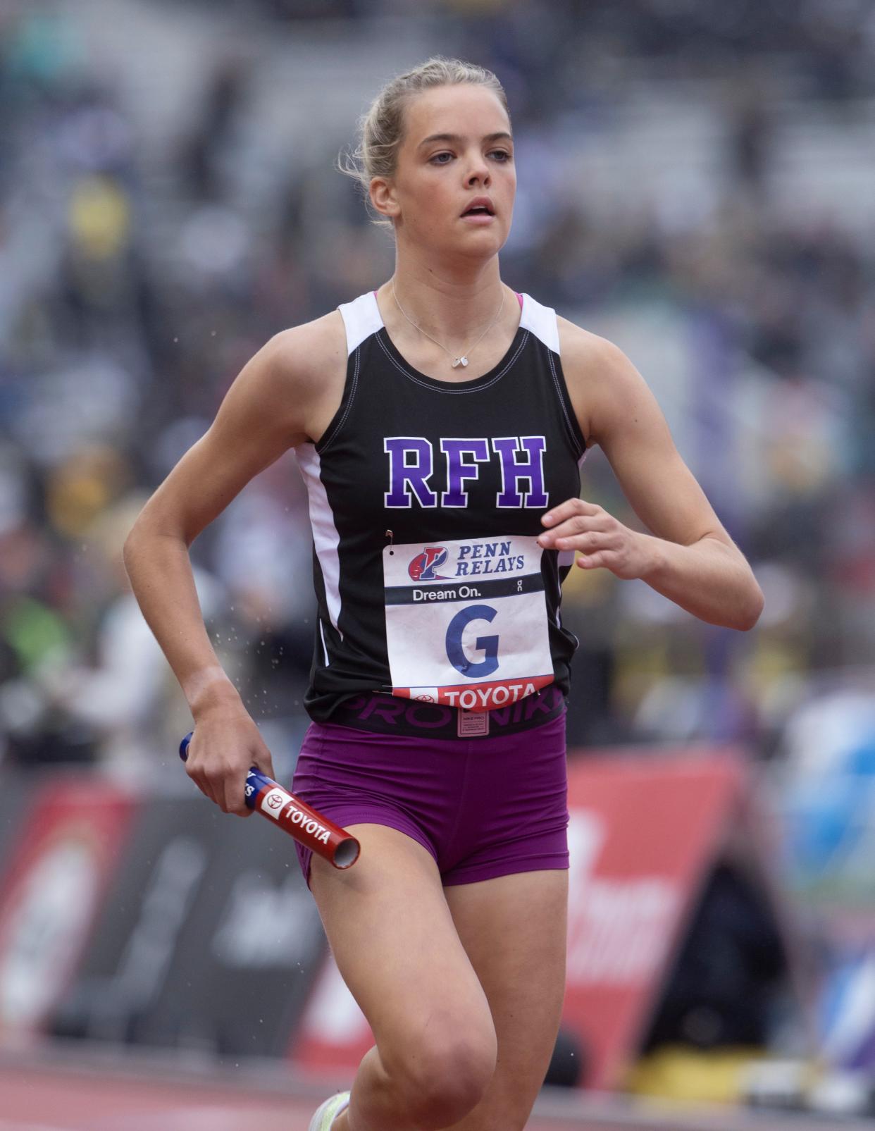 Rumson-Fair Haven Clemmie Lilley runs heer team's third lag of High School Girls 4X800 Championship of America race. Day Three of Penn Relays in Philadelphia, Pa. On April  29, 2023. 