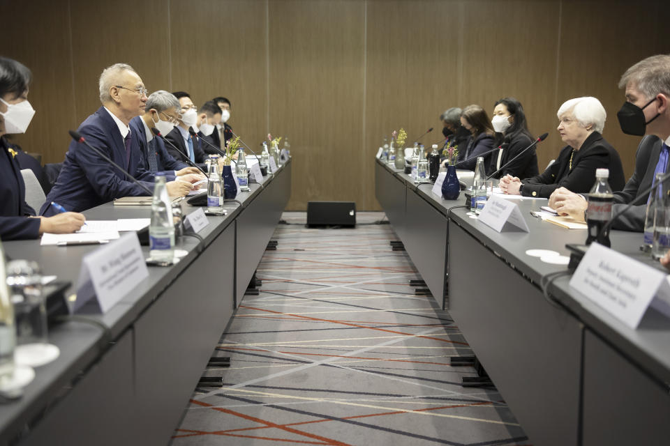 Treasury Secretary Janet Yellen, right, shakes hands with China's Vice-Premier Liu He during a bilateral meeting in Zurich, Switzerland on Wednesday, Jan. 18, 2023. (Michael Buholzer/Keystone via AP)