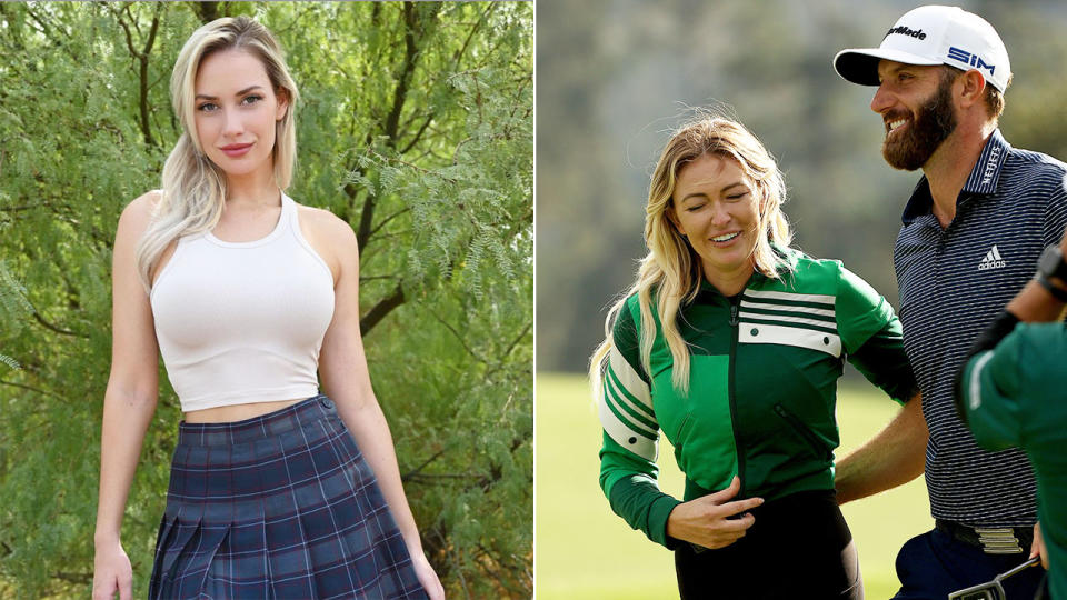 Seen on the left, Paige Spiranac with Dustin Johnson and wife Paulina Gretzky on the right.