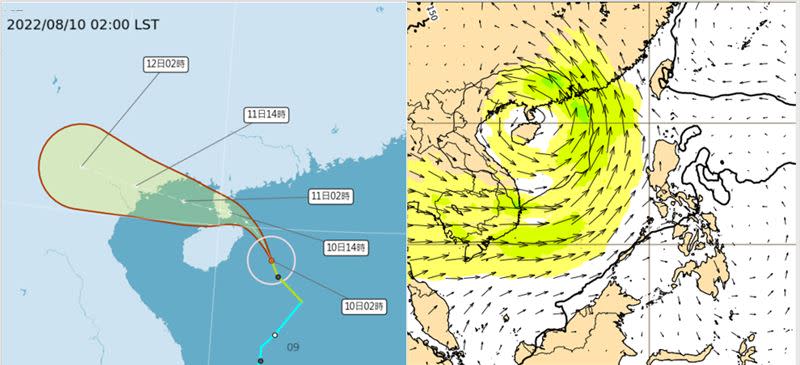 左圖：10日2時中央氣象局「路徑潛勢預測圖」顯示，「輕颱木蘭」受「季風環流」導引，向北北西轉西北西，即將侵襲海南島、雷州半島一帶。