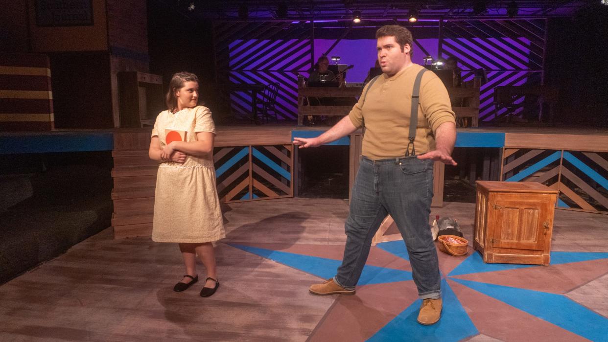 Susanna Creel as literary agent Alice Murphy, left, and Dan Zajac as her love interest Jimmy Ray Dobbs in Cape Cod Community College's production of the bluegrass musical "Bright Star," showing through April 20.