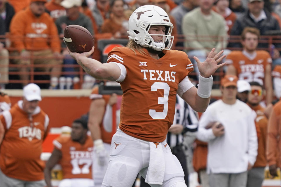 Nov. 25, 2022; Austin; Texas Longhorns quarterback Quinn Ewers (3) throws a pass during the second half against the Baylor Bears at Darrell K Royal-Texas Memorial Stadium. Scott Wachter-USA TODAY Sports