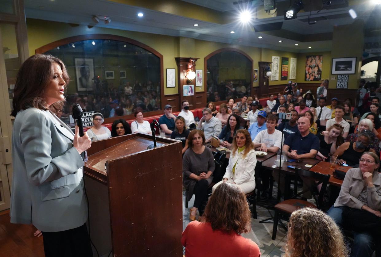 Marianne Williamson holds a fundraiser and meet and greet with supporters at Busboys and Poets on May 11, 2023.