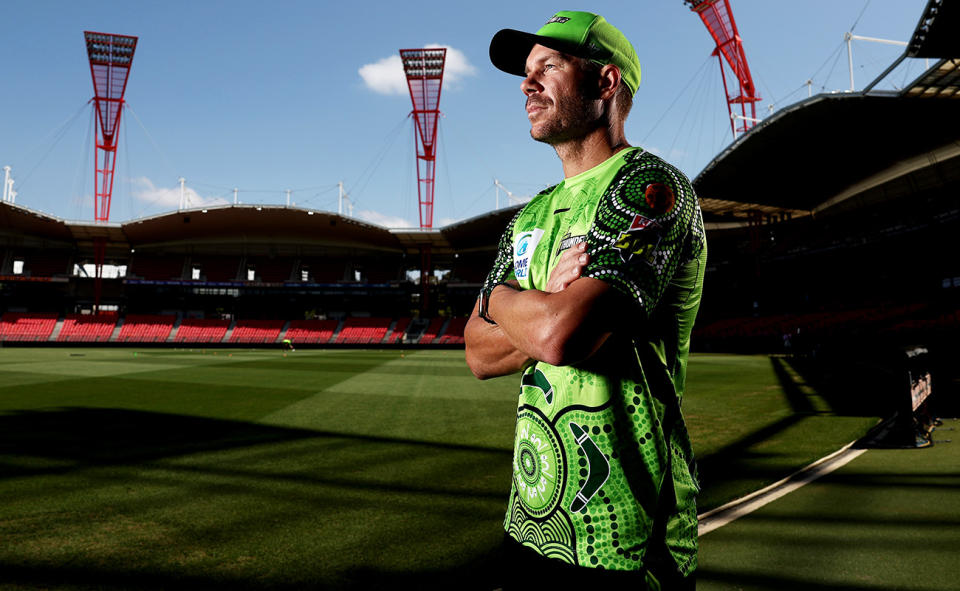 David Warner, pictured here during a Sydney Thunder BBL media opportunity at Sydney Showground Stadium.