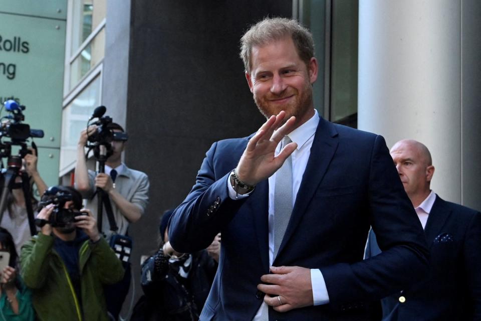 Britain's Prince Harry, Duke of Sussex, waves as he departs the Rolls Building of the High Court in London, Britain June 7, 2023. (REUTERS)