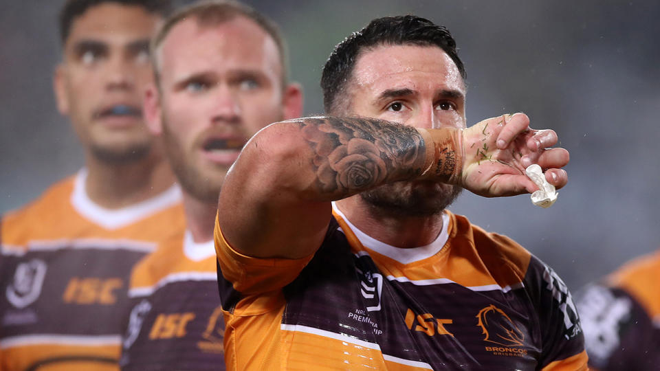 Brisbane Broncos players, pictured here during their loss to the Rabbitohs in the NRL.