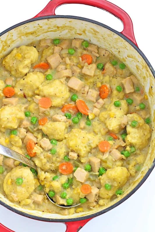 <p>The Baker Mama</p><p>Put your leftover Thanksgiving turkey to great use with this tasty twist on a comforting classic that’s full of hearty cornbread dumplings. Turkey and cornbread dumplings is an easy meal that will keep you warm all winter long!</p><p><strong>Get the recipe: <a href="https://thebakermama.com/recipes/turkey-cornbread-dumplings/" rel="nofollow noopener" target="_blank" data-ylk="slk:Turkey and Cornbread Dumplings;elm:context_link;itc:0;sec:content-canvas" class="link rapid-noclick-resp">Turkey and Cornbread Dumplings</a></strong></p>