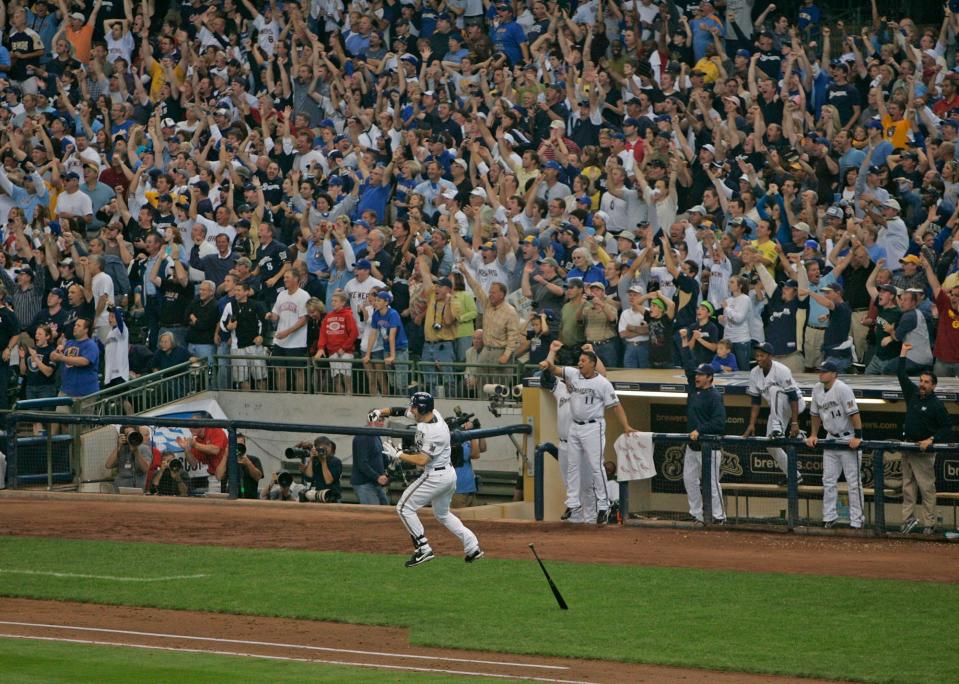 Ryan Braun leaps in the air as fans go wild in the eighth inning against the Cubs on Sept. 28, 2008.