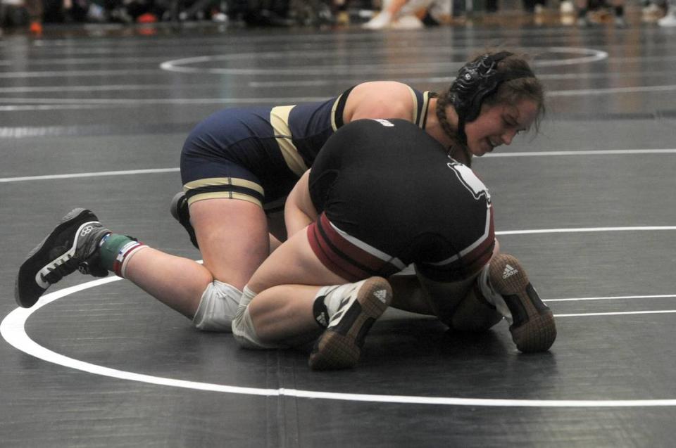 Bald Eagle Area’s Angelina Grieb controls Gettysburg’s Kylie Monroe in their 155-pound consolation finals match of the MyHouse Girls State Championships on Sunday, March 12, 2023 at Central Dauphin High School. Monroe shut out Grieb, 11-0