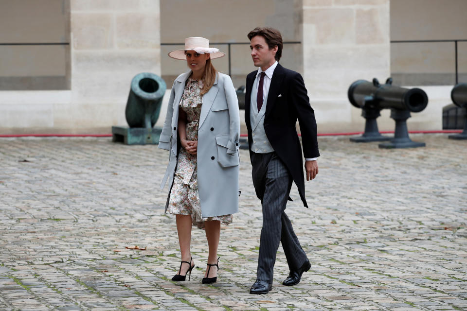 Britain's Princess Beatrice and property tycoon Edoardo Mapelli Mozzi attend the wedding ceremony of Jean-Christophe Napoleon Bonaparte and Olympia von Arco-Zinneberg at the Saint-Louis des Invalides Cathedral in Paris, France, October 19, 2019. REUTERS/Benoit Tessier