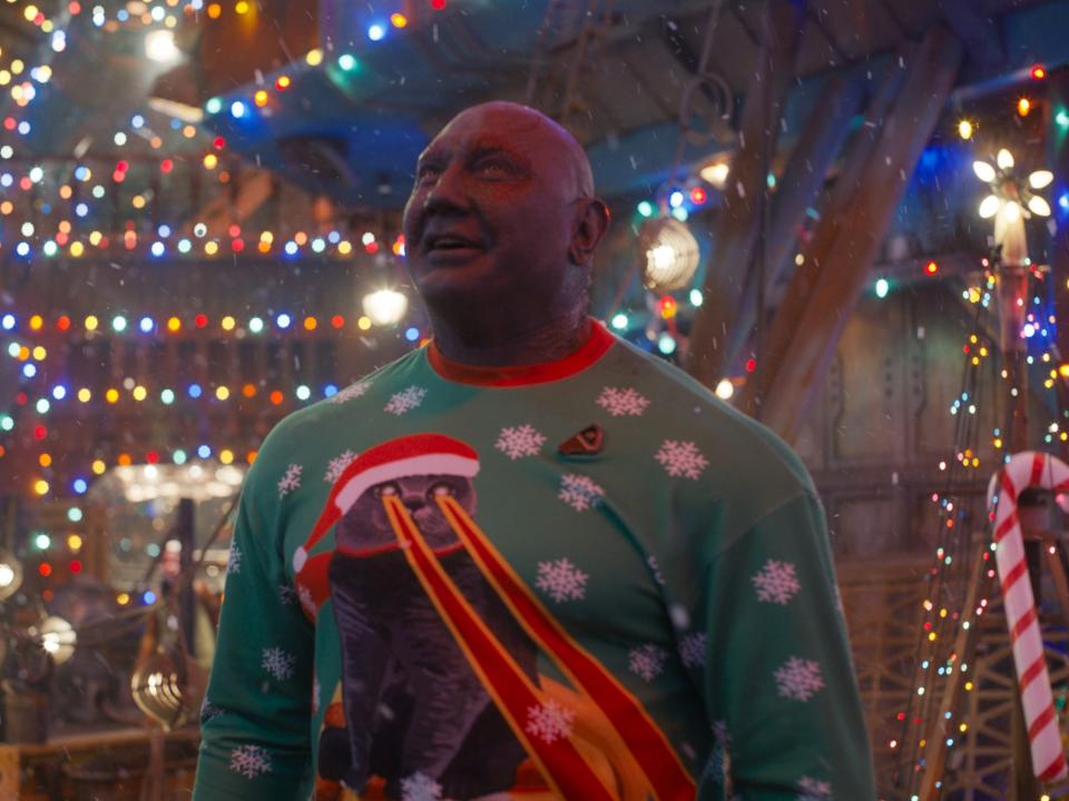 Dave Bautista as Drax wearing a Christmas sweater in "The Guardians of the Galaxy Holiday Special"