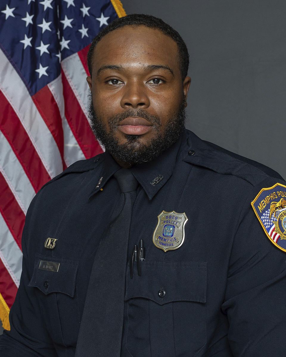 This image provided by the Memphis Police Department shows officer Demetrius Haley. Memphis is city on edge ahead of the possible release of video footage of a Black man’s violent arrest that has led to three separate law enforcement investigations and the firings of five police officers after he died in a hospital. Relatives of Tyre Nichols are scheduled to meet with city officials Monday, Jan. 23, 2023 to view video footage of his Jan. 7 arrest. (Memphis Police Department via AP)