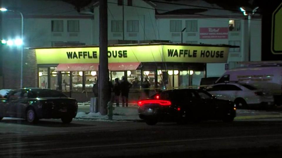 PHOTO: Police investigate the scene of a shooting at a Waffle House outside Indianapolis, Indiana, Feb. 18, 2024. (WRTV)