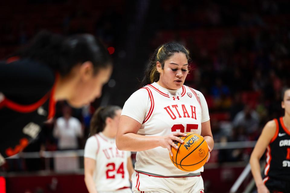 Utah Utes forward Alissa Pili (35) takes a deep breath before shooting a free throw in the fourth quarter of the women’s college basketball game between the Utah Utes and the Oregon State Beavers at the Jon M. Huntsman Center in Salt Lake City on Friday, Feb. 9, 2024. Oregon won the game 58-44. | Megan Nielsen, Deseret News