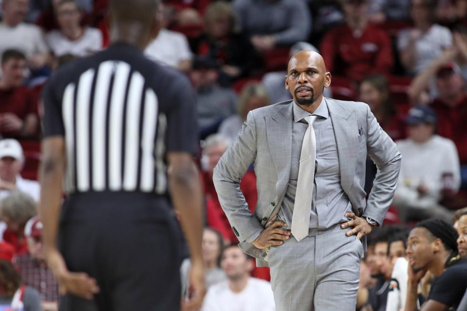 Feb 27, 2024; Fayetteville, Arkansas, USA; Vanderbilt Commodores head coach Jerry Stackhouse reacts to a call during the first half against the Arkansas Razorbacks at Bud Walton Arena. Mandatory Credit: Nelson Chenault-USA TODAY Sports
