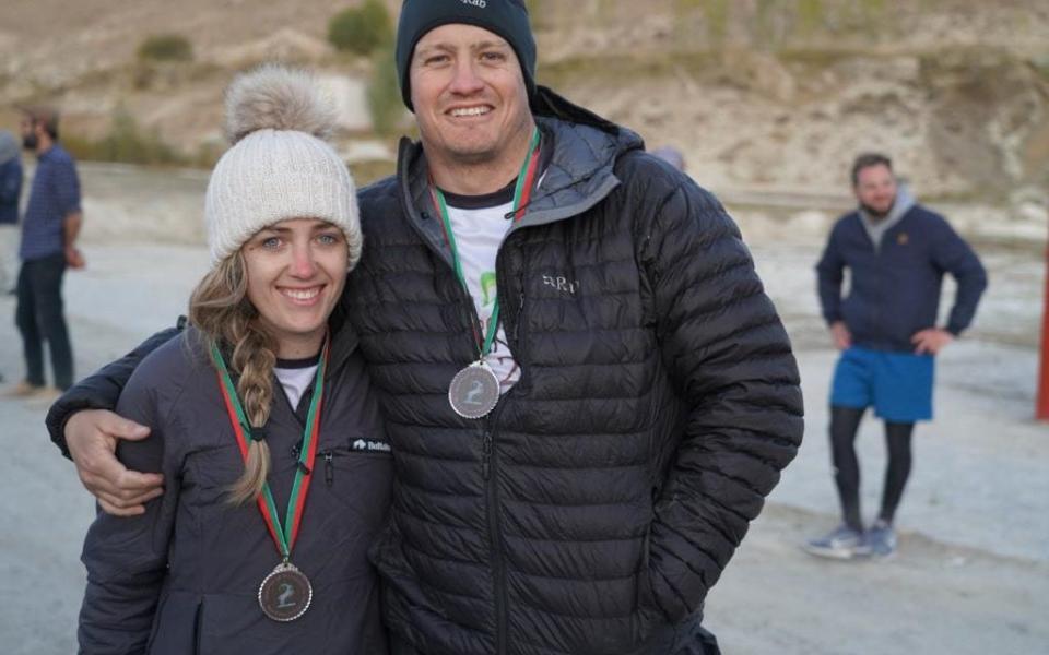 Jane and Jon after completing the Afghanistan marathon - Jane Chynoweth