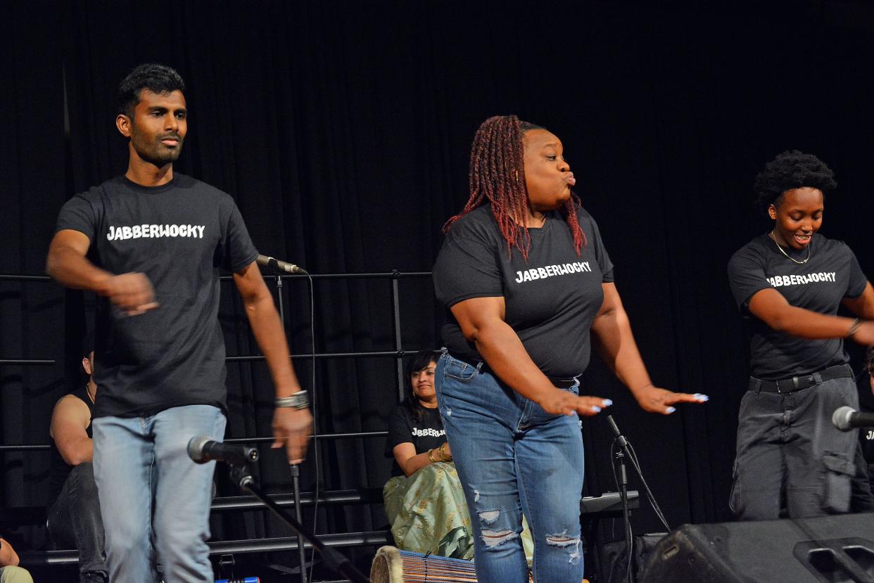 Jabberwocky Studios dance teacher Jean Warford, center, leads a tap dance performance Jan. 24 during the Columbia Values Diversity breakfast at Columbia Expo Center. The dance, theater and STEAM programs studio recently was awarded a Veterans United Foundation grant to improve program accessibility for youth.