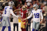 Dallas Cowboys place kicker Brett Maher (19) is congratulated by Bryan Anger (5) after kicking a field goal during the second half of an NFL divisional round playoff football game against the San Francisco 49ers in Santa Clara, Calif., Sunday, Jan. 22, 2023. (AP Photo/Tony Avelar)