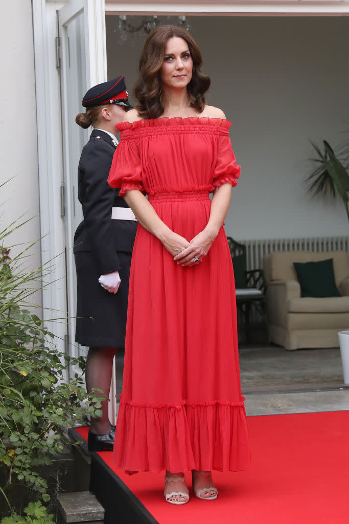 Duchess of Cambridge wore an off-the-shoulder red dress for the Queen's Birthday Party